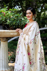 Off White Tussar Katha embroidery in Pink & green design