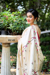 Off White Tussar Katha embroidery in Pink & green design