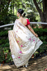 Off White Tussar Katha embroidery in Pink & green design