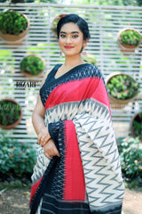 White Ikat Handloom Pochampalli Saree with Pink and Black border