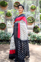 White Ikat Handloom Pochampalli Saree with Pink and Black border
