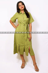 Button Down Dress with Belt- Shirt Collar