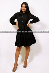 Mandarin Collar Fit and Flare Dress with Cuff Sleeves