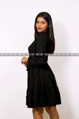 Mandarin Collar Fit and Flare Dress with Cuff Sleeves