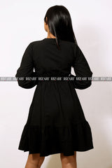 Mandarin Collar Fit and Flare Dress with Cuff Sleeves