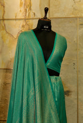 Teal Banarasi Soft Silk Saree with all over brocade pattern in matt Gold jari