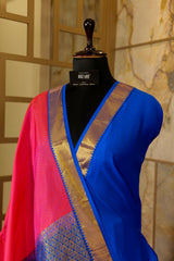 Pink Kanjivaram Pure Silk saree with contrast Blue Border and Pallu