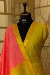 Pink and olive green Pure Silk Kanjivaram