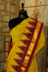Olive green Kanjivaram Silk Saree with Maroon Temple Border