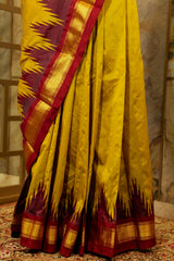 Olive green Kanjivaram Silk Saree with Maroon Temple Border