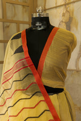 Light Mustard Temple Border Jamdani Saari Handwoven
