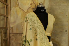 Off White Tussar Saree with Katha embroidery in olive green