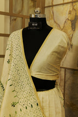 Off White Tussar Saree with Katha embroidery in olive green