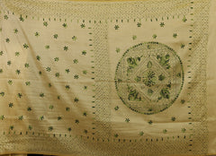Off White Tussar Saree with Katha embroidery in olive green