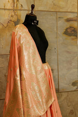 Peach Banarasi Katan silk Saree with golden Jari Butti all over and broad Jari boarder
