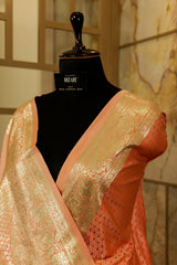 Peach Banarasi Katan silk Saree with golden Jari Butti all over and broad Jari boarder