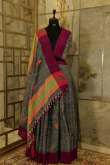 Charcoal Linen saree with contrast maroon border and geometric weaving pattern on Pallu