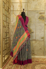 Charcoal Linen saree with contrast maroon border and geometric weaving pattern on Pallu
