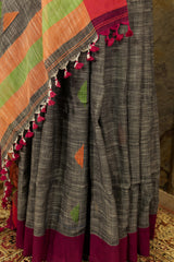 Charcoal Linen saree with contrast maroon border and geometric weaving pattern on Pallu