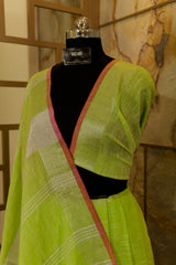 Pista Green Linen saree with Silver Jari border