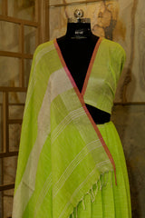 Pista Green Linen saree with Silver Jari border