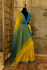 Yellow & Teal Tikla work sequin  cotton handwoven saree