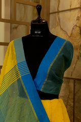 Yellow & Teal Tikla work sequin  cotton handwoven saree