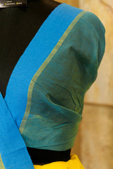 Yellow & Teal Tikla work sequin  cotton handwoven saree