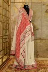 White & red weaving Assam Khadi Handwoven Saree