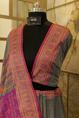 Handwoven Grey Assam Khadi Saree with Pink weaving