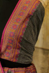Handwoven Grey Assam Khadi Saree with Pink weaving