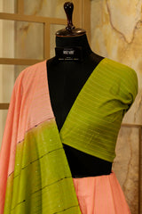 Peach Saree with contrast olive  sequin Pallu