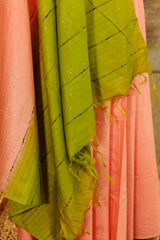 Peach Saree with contrast olive  sequin Pallu