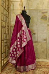 Dark Pink warm silk Banarasi Saree with silver jacquard border