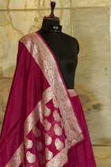 Dark Pink warm silk Banarasi Saree with silver jacquard border