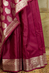 Dark Pink warm silk Banarasi Saree with silver jacquard border
