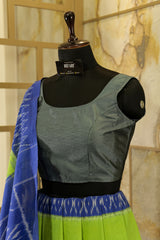 Off White with vibrant green and blue border and blue Pallu Ikat Pochampalli Saree