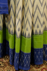 Off White with vibrant green and blue border and blue Pallu Ikat Pochampalli Saree