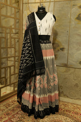 Grey Pink handwoven Pochampalli with contrast black Pallu and border