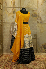 authentic handwoven Pochampalli Tricolor yellow - Off-White-black Ikat saree