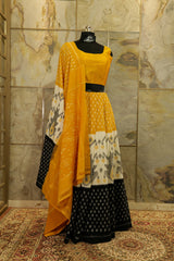 authentic handwoven Pochampalli Tricolor yellow - Off-White-black Ikat saree