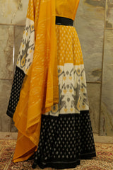 authentic handwoven Pochampalli Tricolor yellow - Off-White-black Ikat saree