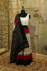 White Ikat Handloom Pochampalli Saree with Pink and Black border