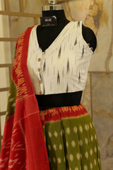 Moss green Ikat Pochampalli with red and Off White color sections