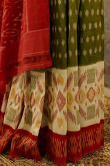 Moss green Ikat Pochampalli with red and Off White color sections