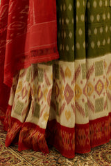 Moss green Ikat Pochampalli with red and Off White color sections