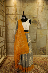 Grey Ikat handwoven Pochampalli saree with mustard border and Pallu