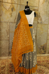 Grey Ikat handwoven Pochampalli saree with mustard border and Pallu