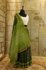 Dark green Ikat Pochampalli with olive green border