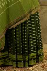 Dark green Ikat Pochampalli with olive green border